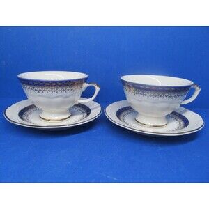 Southington Fine China By Baum Set Of 2 Cobalt Cups And 2 Matching Saucers